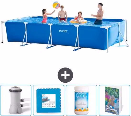 Piscina rettangolare con telaio Intex - 450 x 220 x 84 cm - Blu - Pompa con filtro inclusa - Piastrelle per il fondo - Piscina