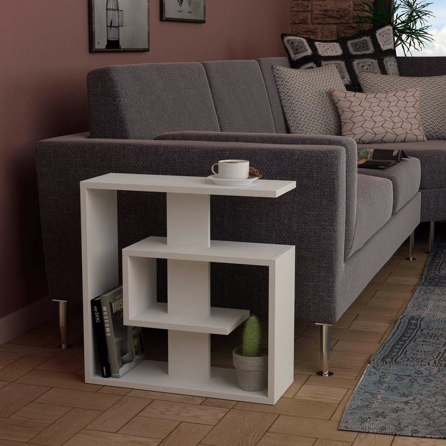 Rumbia - Tavolino da Salotto, 55x20x57h cm Bianco, Portariviste Multiuso
