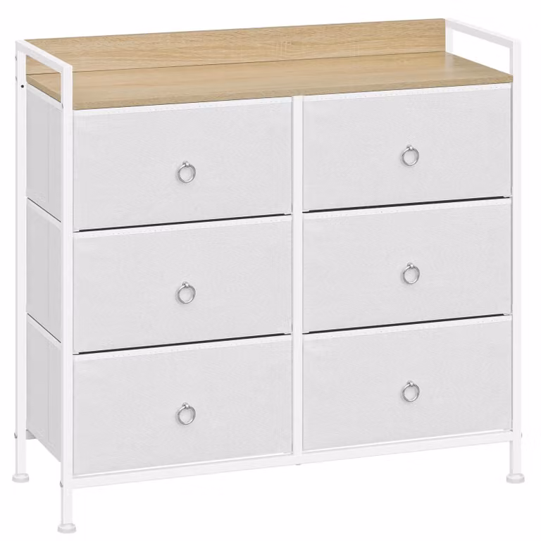 Comodino con 6 cassetti in tessuto – Armadio contenitore – Ideale per il soggiorno – Struttura in metallo – Da montare – Stile moderno – Bianco