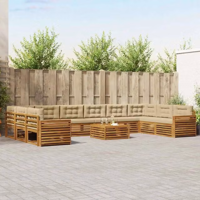 Set di divani da giardino vidaXL in legno di acacia massello, 11 pezzi, colore naturale e beige