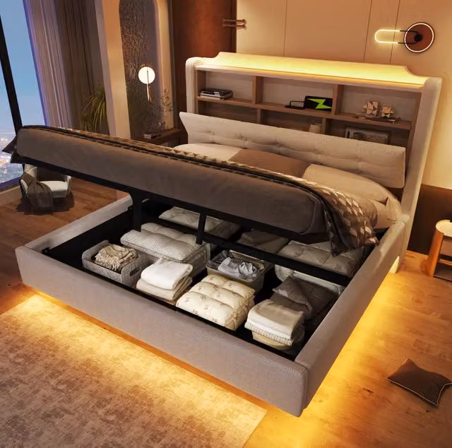 Letto imbottito 140x200 cm con spazio contenitore idraulico, illuminazione LED, USB e porta Type-C, tessuto di lino beige