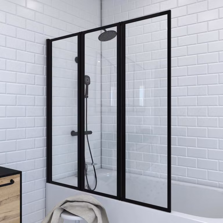 Pannello divisorio per vasca da bagno, nero, composto da 3 elementi, dimensioni 125 x 143 cm