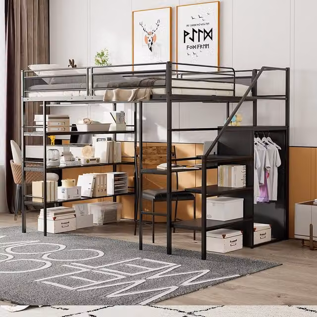 Letto a soppalco 140x200 - Xylo - 3 ripiani scrivania armadio - Nero