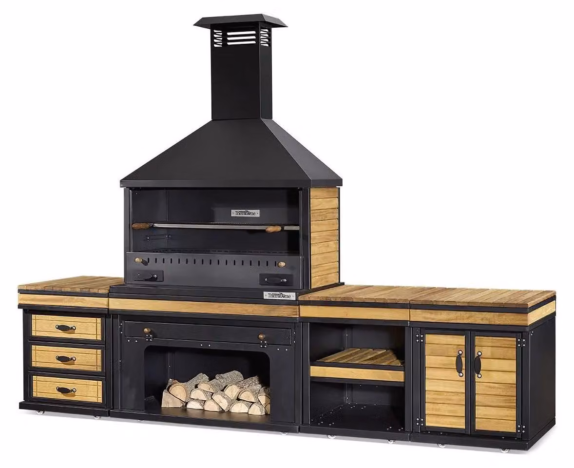 Elegante Außenküche in Schwarz aus Holz und Edelstahl