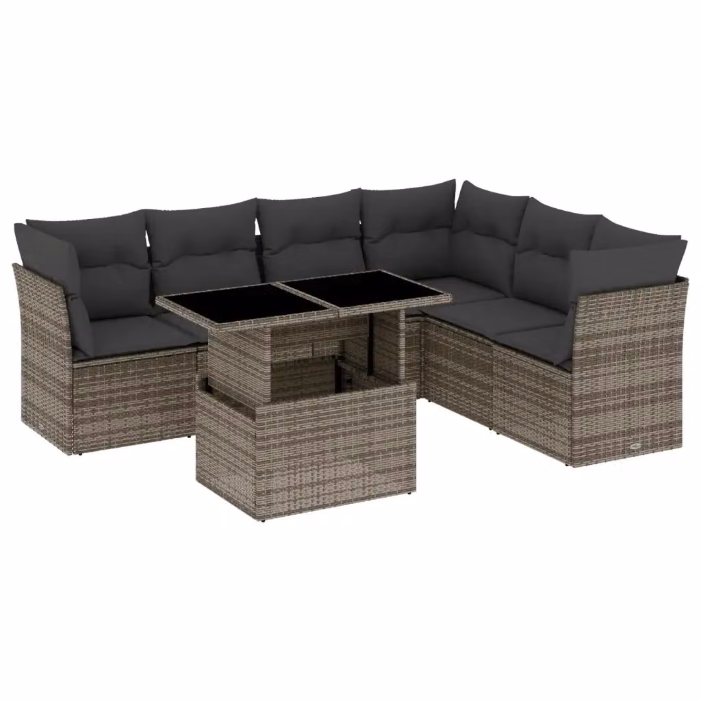 Set da giardino vidaXL composto da 7 pezzi in polyrattan grigio con cuscini e tavolino da caffè – 2