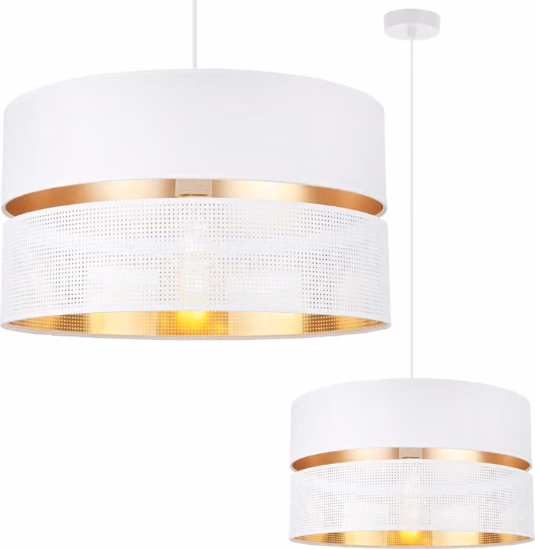 Asti Duo Lampada A Sospensione Bianca 1 Paralume Piatto Bianco Dorato Ts 40Cm