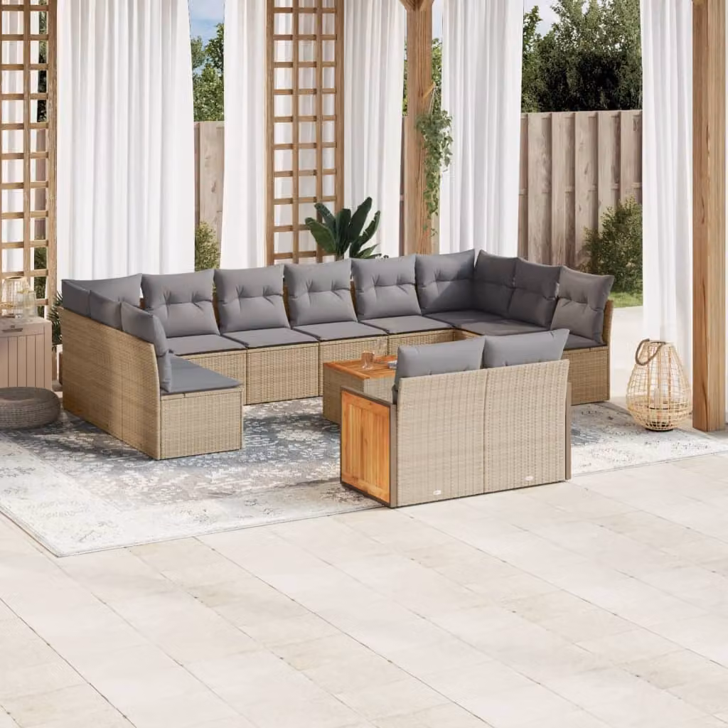 vidaXL Set Divano da Giardino 13 pz a forma di U con Cuscini Beige e Tavolino da Esterno in Polyrattan e Acciaio – 1