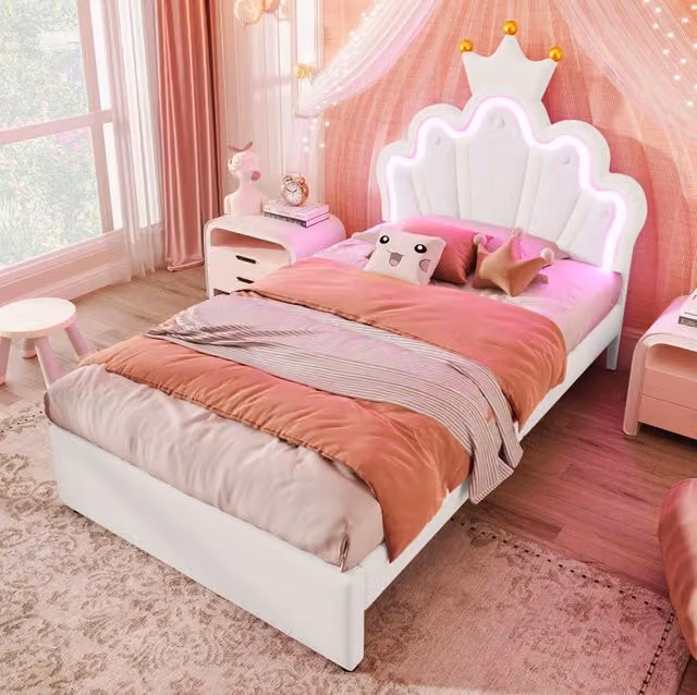 Letto per bambini 90x200 cm con 2 cassetti; LED; testiera regolabile; PU bianco