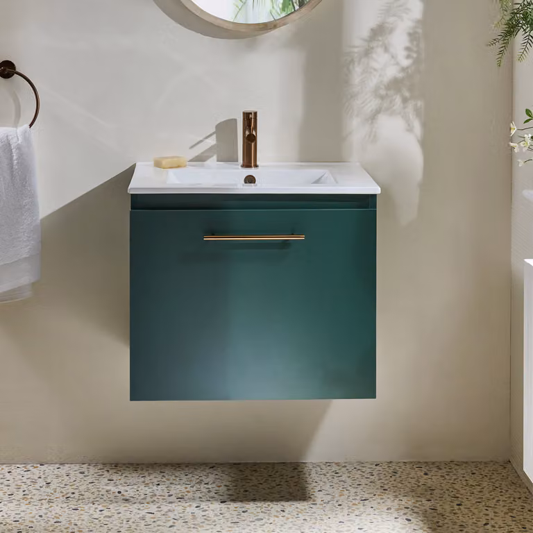 Mobile Bagno Verde Scuro Sospeso da 600mm con Lavabo e Maniglia con Barra a T in Rame Satinato - Cluo