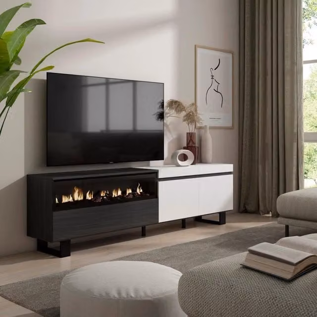 Mobile TV, 200x35x57cm, soggiorno, Per TV fino a 80", Camino elettrico, Design industriale, Bianco e nero RF2200