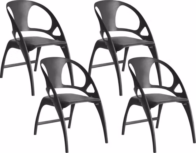 Set di 4 sedie da giardino in polipropilene nero plastica leggera e resistente agli agenti atmosferici per interni e per esterni.