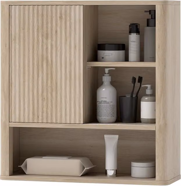 Armadio pensile da bagno 60 x 20 x 62 cm anta scorrevole e ripiani regolabili moderno ed essenziale in MDF legno naturale 21_0002730