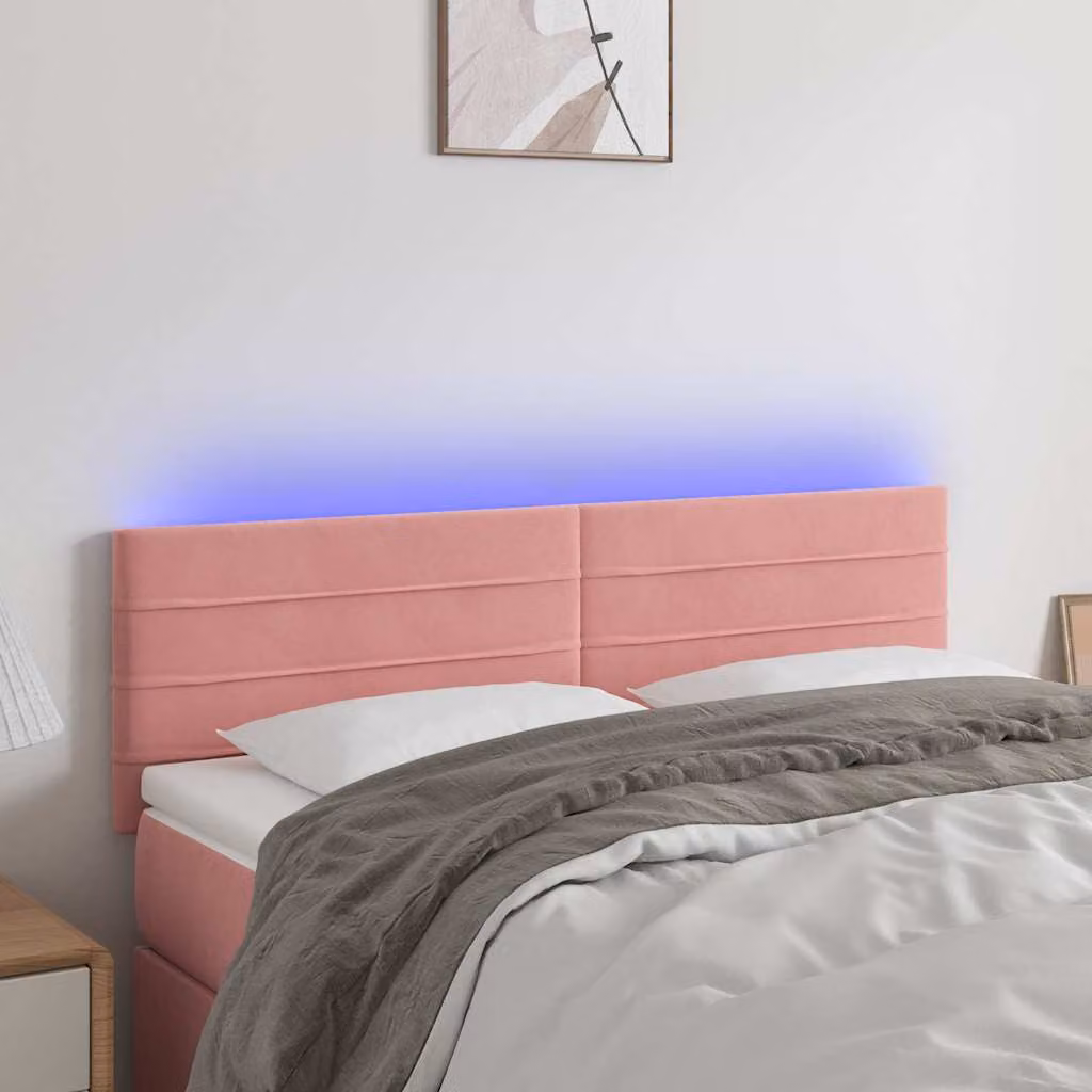 Testiera per letto vidaXL in velluto rosa con illuminazione LED e porta di ricarica USB, L: 144 cm, P: 5 cm, H: 78-88 cm