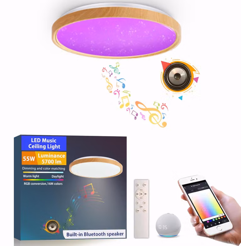 Pannello luminoso a LED da soffitto, diametro 50 cm, dimmerabile, RGB, con altoparlante Bluetooth, 55 W