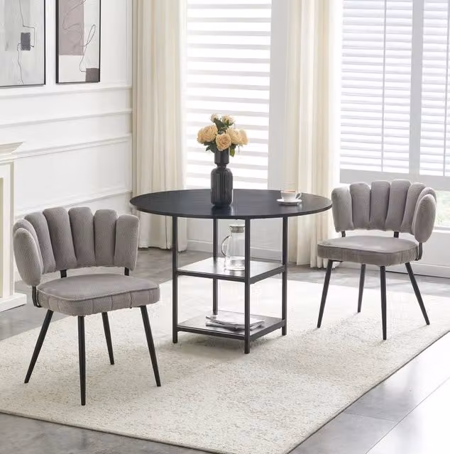 Tavolo da pranzo rotondo 107 cm in MDF nero con vano, 2 sedie grigie industriali