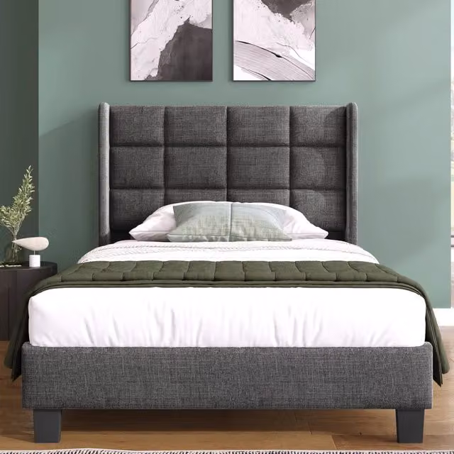 Letto singolo imbottito in lino con testiera; rete a doghe e materasso a molle; 90x200 cm; grigio