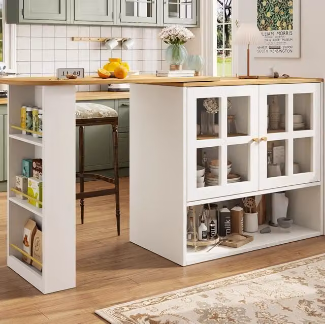 Isola multifunzionale da cucina bianca girevole a 360° con ripiani regolabili e porta in vetro temperato, 138-204x39x102,5 cm