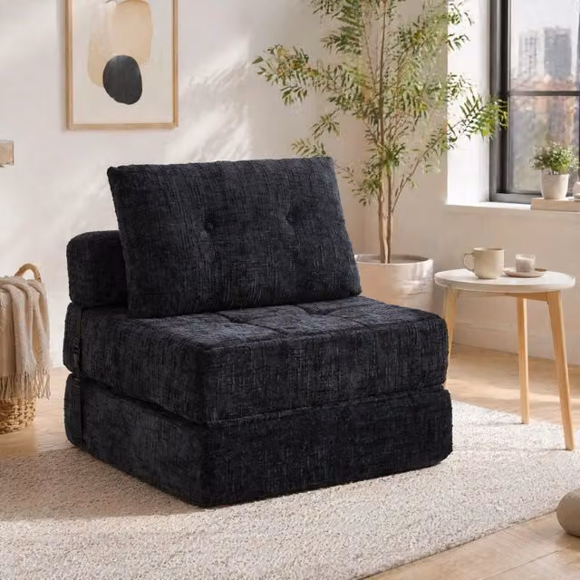 Divano letto pieghevole MODFU in chenille nero con cuscino schienale e poggiatesta L: 180 cm, P: 79 cm, H: 18 cm