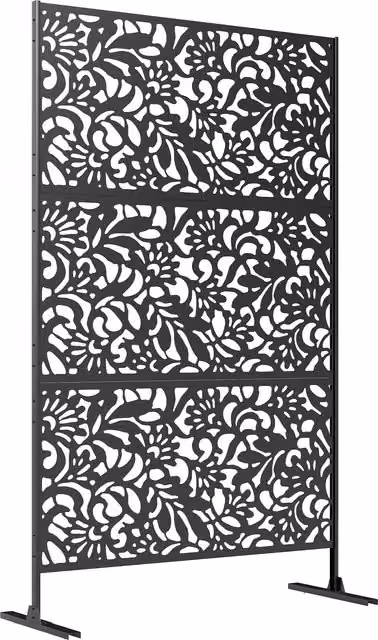 Pannello frangivista decorativo da giardino Outsunny con 3 pannelli a motivo floreale in acciaio nero, L: 122 cm, P: 45 cm, H: 198 cm