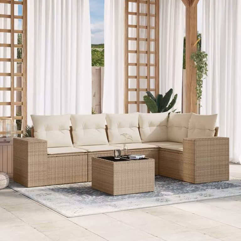 Set Divano da Giardino vidaXL 6 pz in Polyrattan con Cuscini Beige e Tavolino