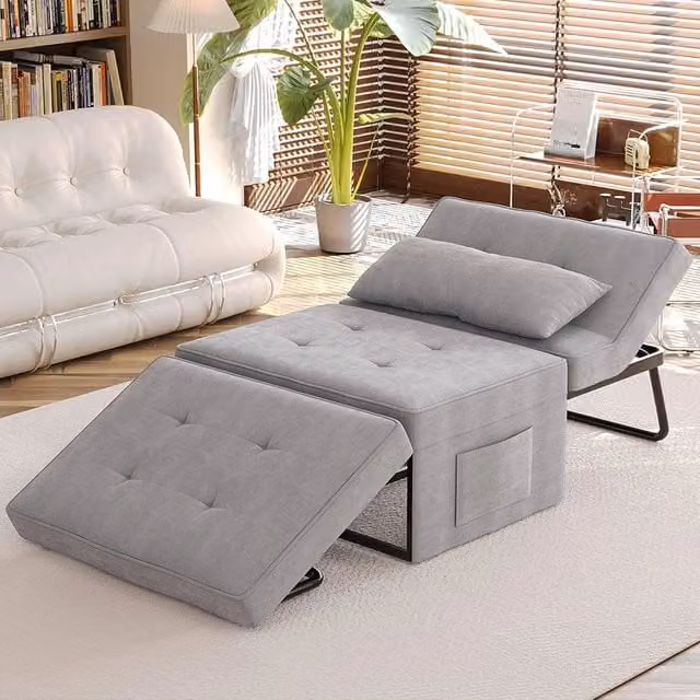 Divano Letto 4 in 1 Poltrona Chaise Longue Ottomana Grigio Chiaro Tasca Laterale