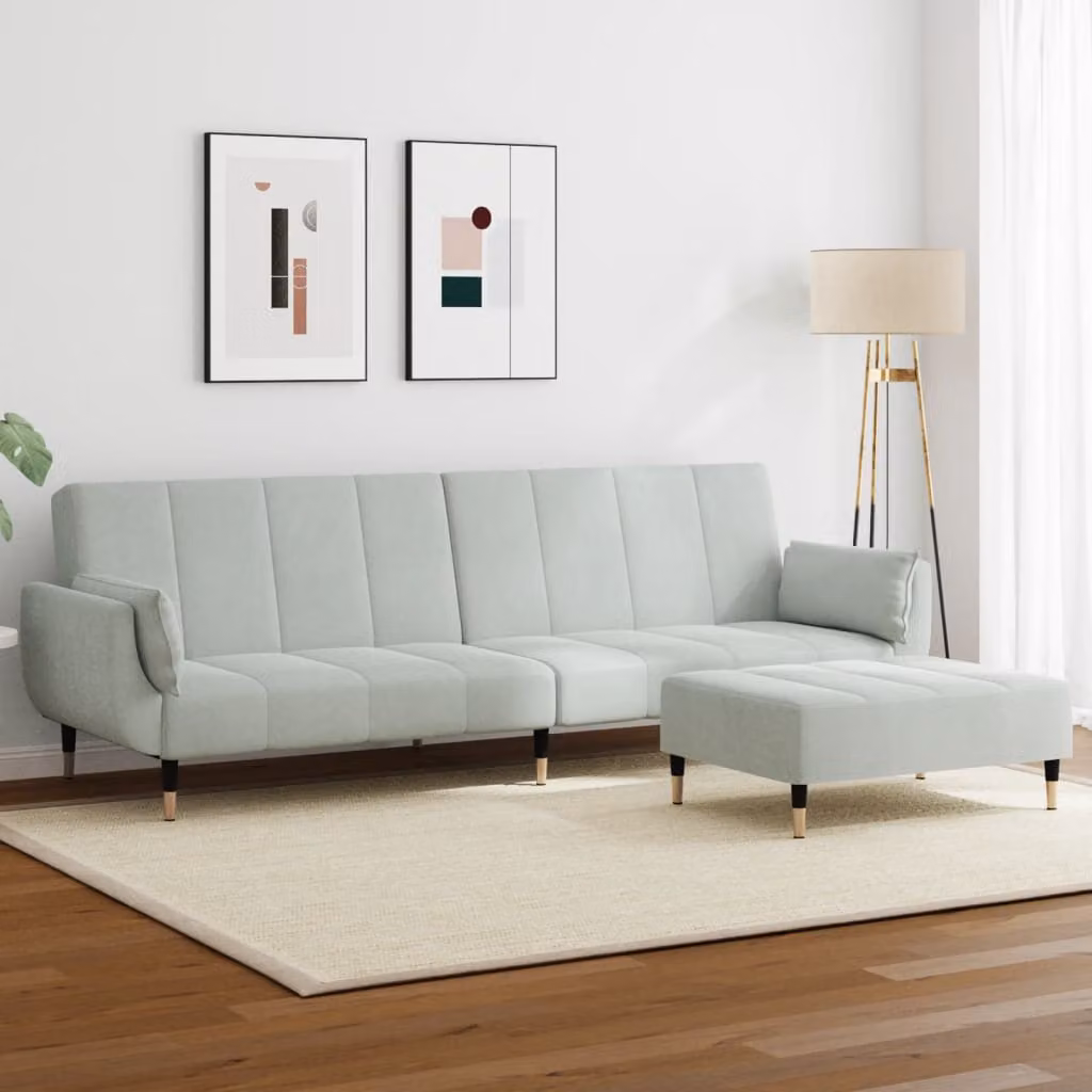 vidaXL Divano Letto Click-Clack a 2 Posti in Velluto Grigio con Poggiapiedi e Cuscini