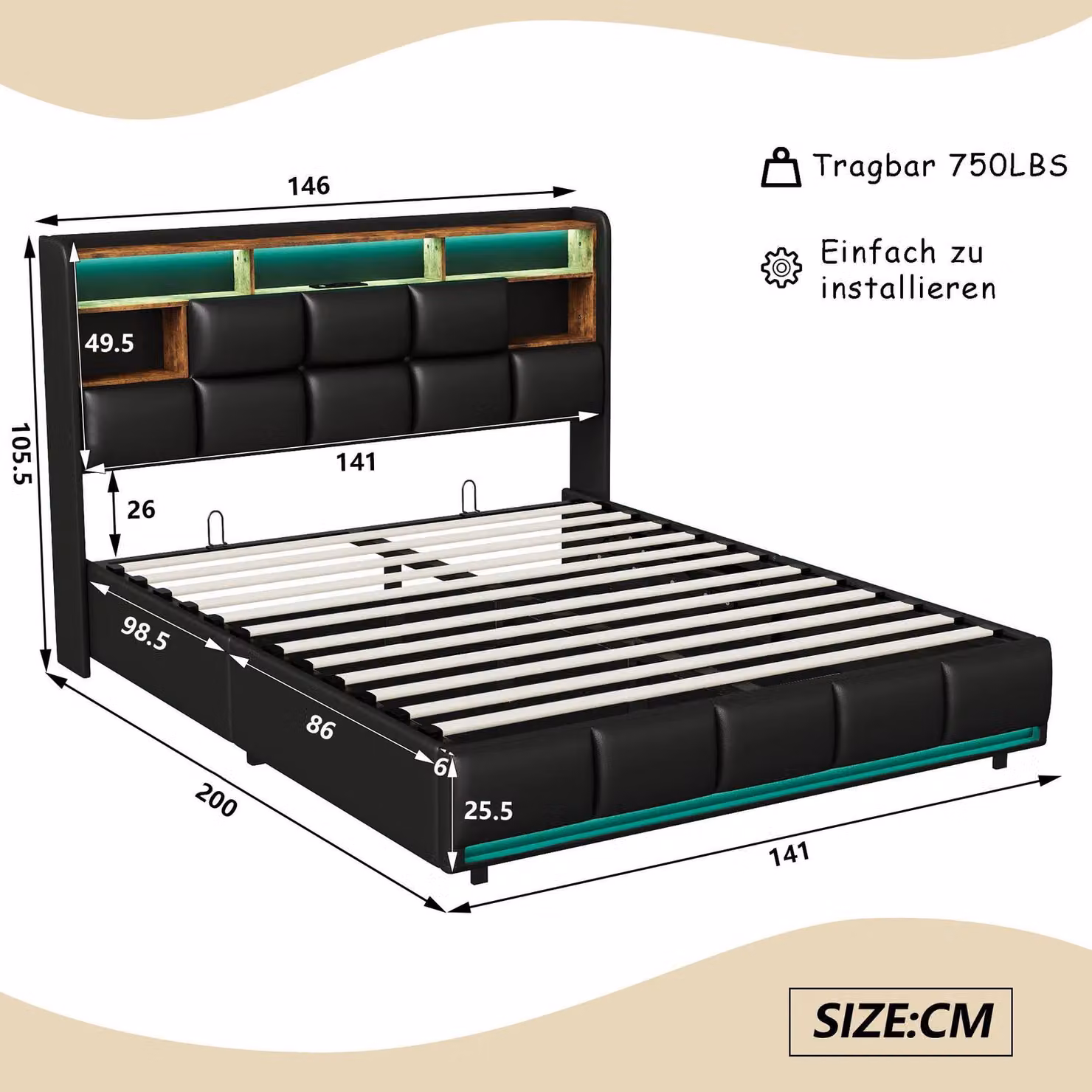 Letto imbottito - Letto matrimoniale 140 x 190 cm - Con spazio contenitore - Meccanismo di sollevamento idraulico - Testiera con vano portaoggetti - Rivestimento inPoliuretano- Colore: nero