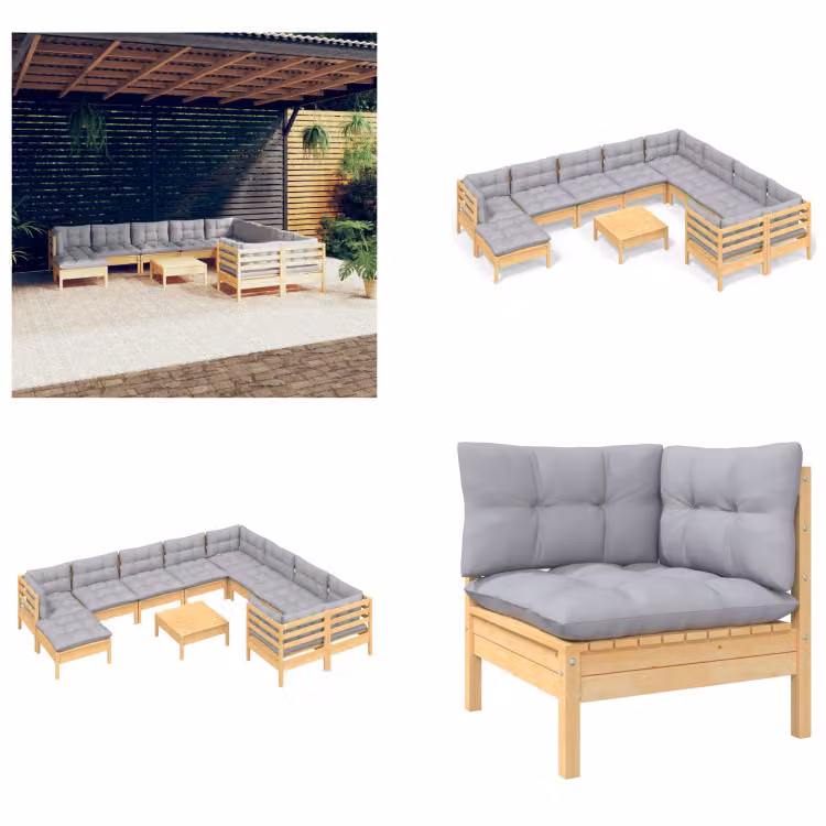 vidaXL set salotto da giardino 11 pezzi con cuscini grigi in legno di pino - Set salotto da giardino - Set salotto da giardino - Set mobili da giardino - Set mobili da giardino