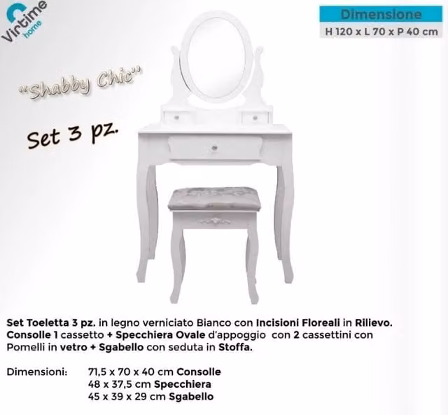 Toeletta Mobile Specchiera Petineuse con Sgabello Imbottito Bianco Cassetti
