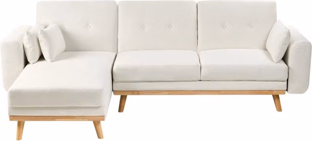 Divano Angolare ad Angolo Destro Bianco in Tessuto Imbottito a L con Seduta Trapuntata Cuscini Decorativi e Funzione Letto