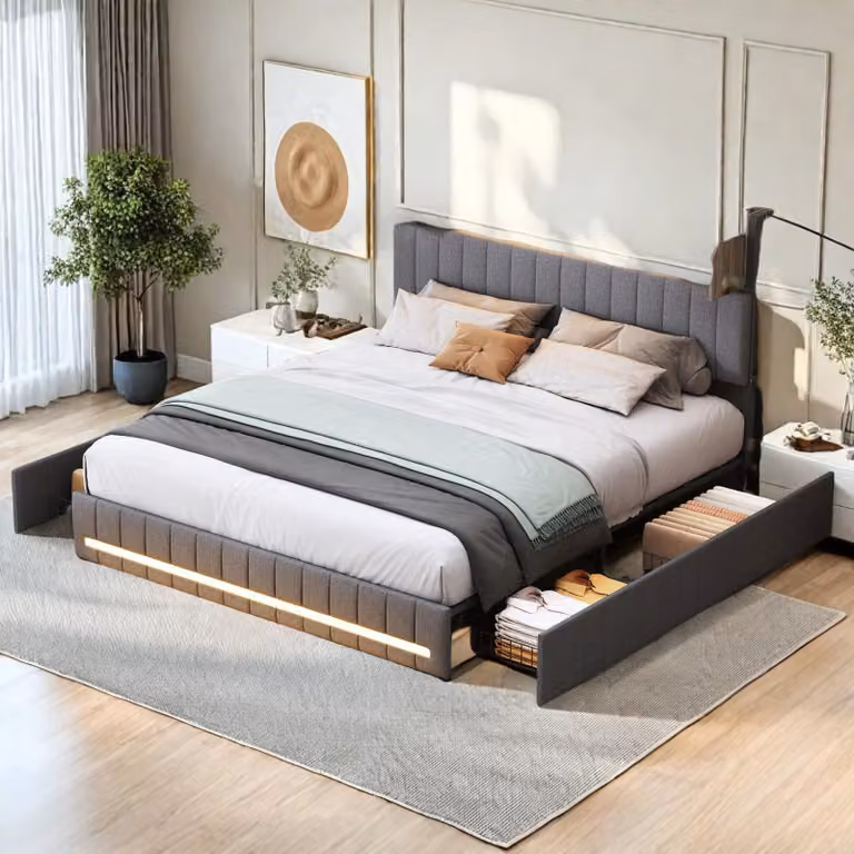 Struttura letto matrimoniale grigia 140x190 cm, rete a doghe, imbottita con contenitore per la testata, 4 cassetti integrati e facile montaggio