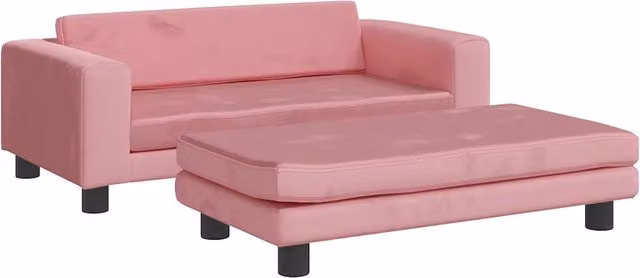 Divano per bambini con poggiapiedi in velluto rosa, design moderno con struttura in legno di pino, L 100 cm x P 50 cm x H 30 cm – 1