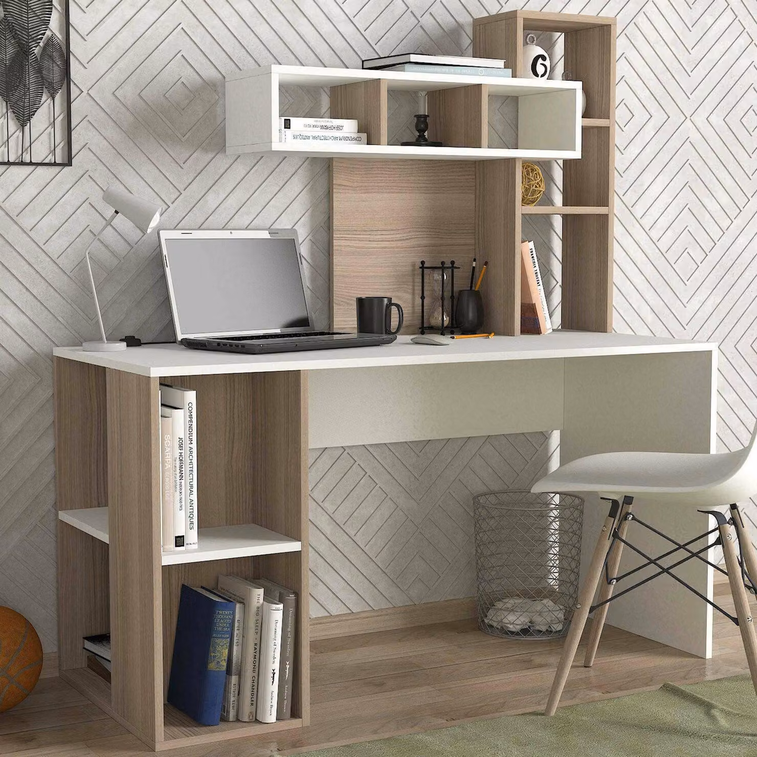 Recetto - Scrivania, 140x60x154h cm Bianco, 6 Ripiani
