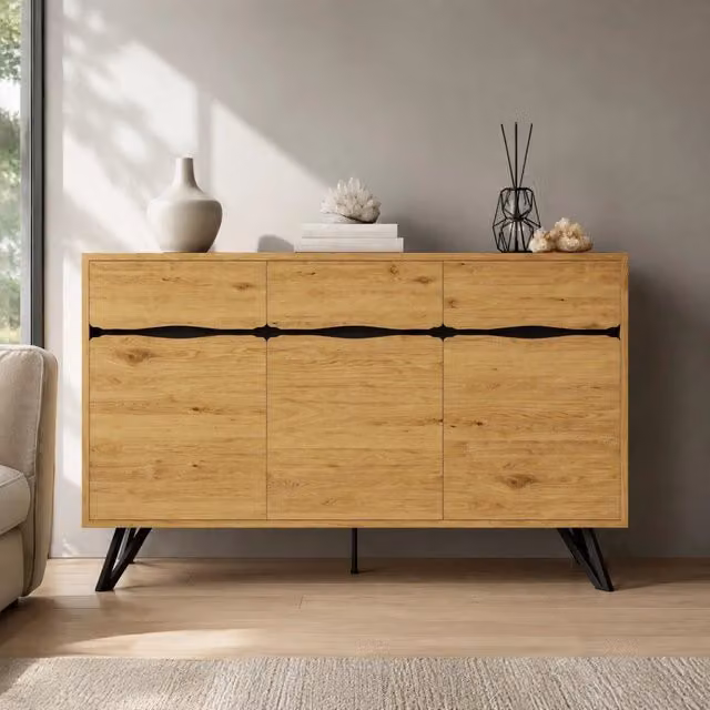 Credenza 140x40x75,5 cm nera effetto legno in truciolare, 3 ante