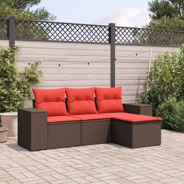 Set Divani da Giardino 4 pz con Cuscini Marrone in Polyrattan 3222473