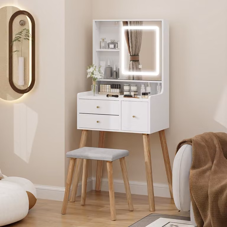 Comò da trucco con specchio a LED e sgabello, 3 tonalità di luce, 3 cassetti, 5 ripiani, 60 cm, bianco