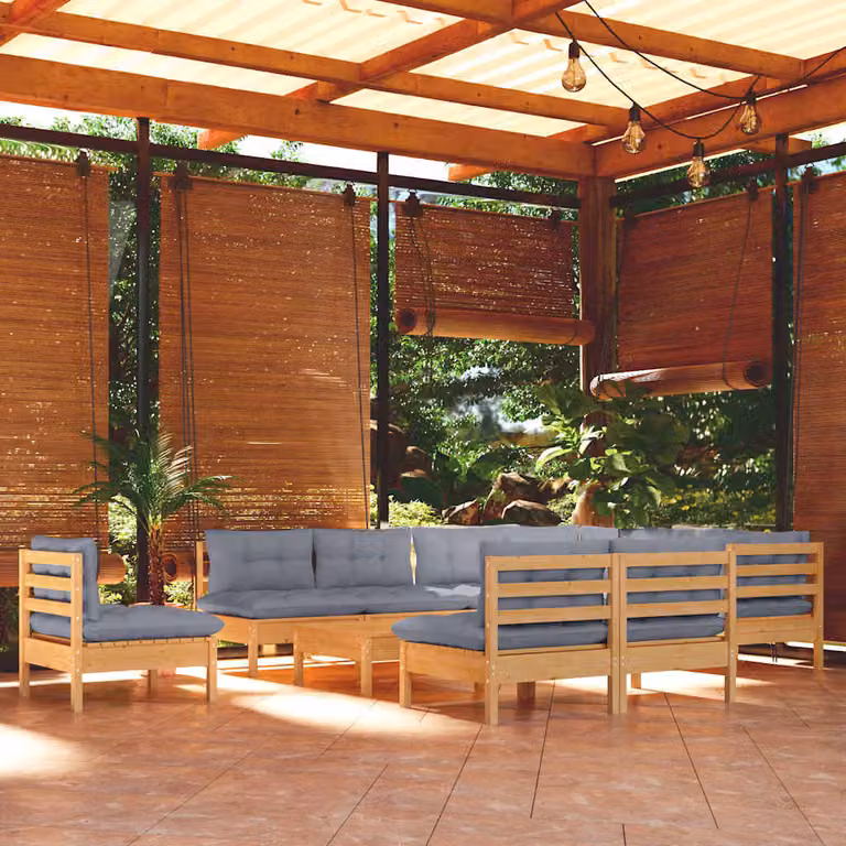 Set di divani da giardino vidaXL in legno massello di pino con cuscini grigi, composizione a forma di U con 11 pezzi