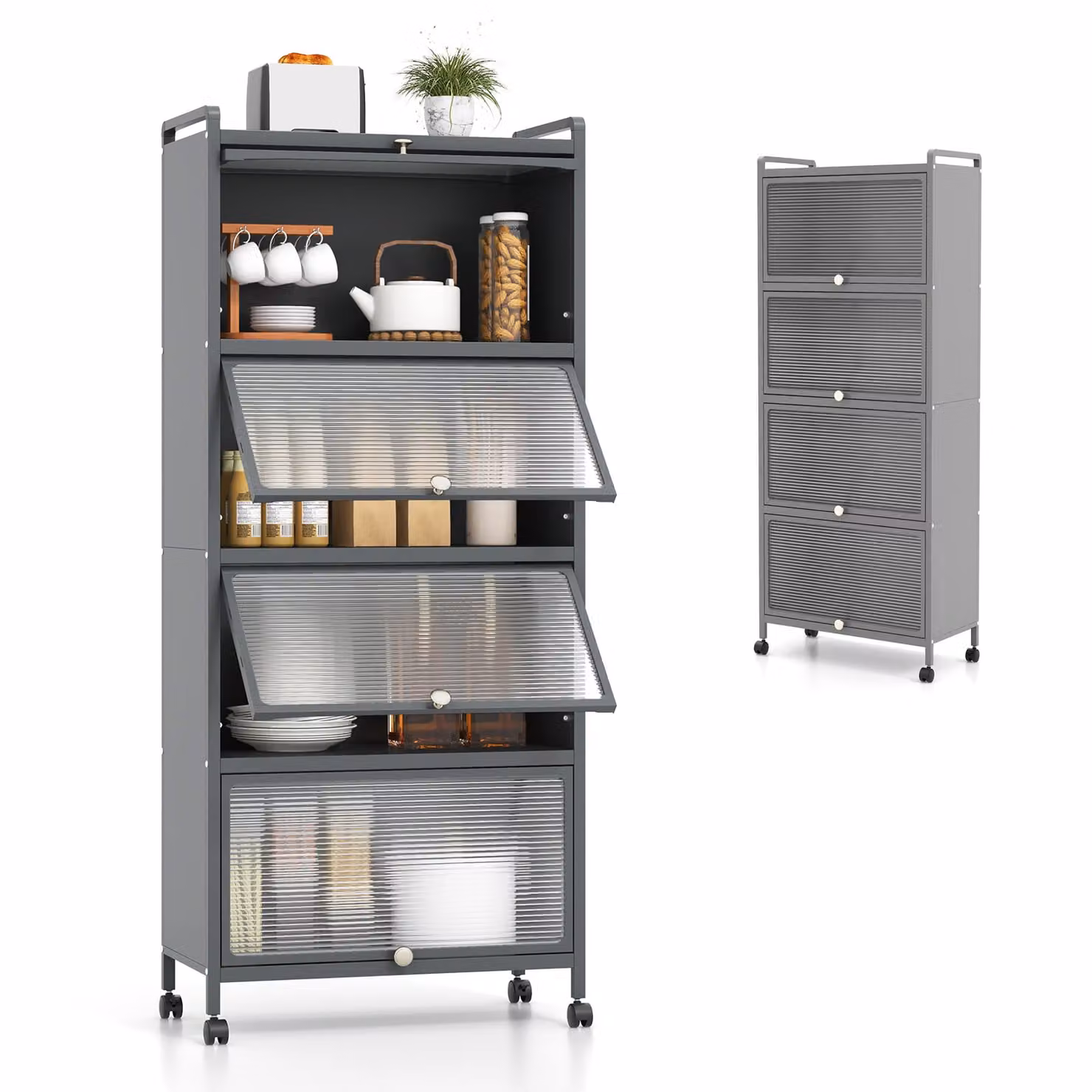 KOMFOTTEU Scaffale da cucina su ruote, scaffale portaoggetti con anta a 5 ripiani, scaffale da appoggio con struttura in acciaio, mobile portaoggetti 60x32x154 cm (grigio)