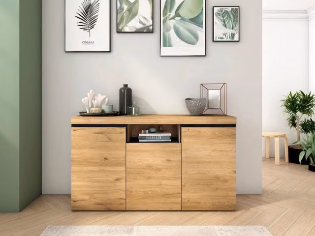 Credenza soggiorno Sala da pranzo ufficio colore Rovere e Nero 3 Porte 1 Comparti 140x40x81cm RF898