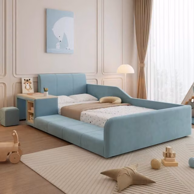 Letto singolo imbottito moderno in velluto blu con scrivania e sgabello per cameretta o home office L/P: 90 x 200 cm