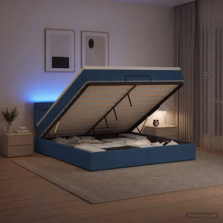 Letto Ottomano con Materasso vidaXL in Tessuto Blu e Bianco con Illuminazione LED e Porte USB L/P/H: 140 x 190 x 88 cm