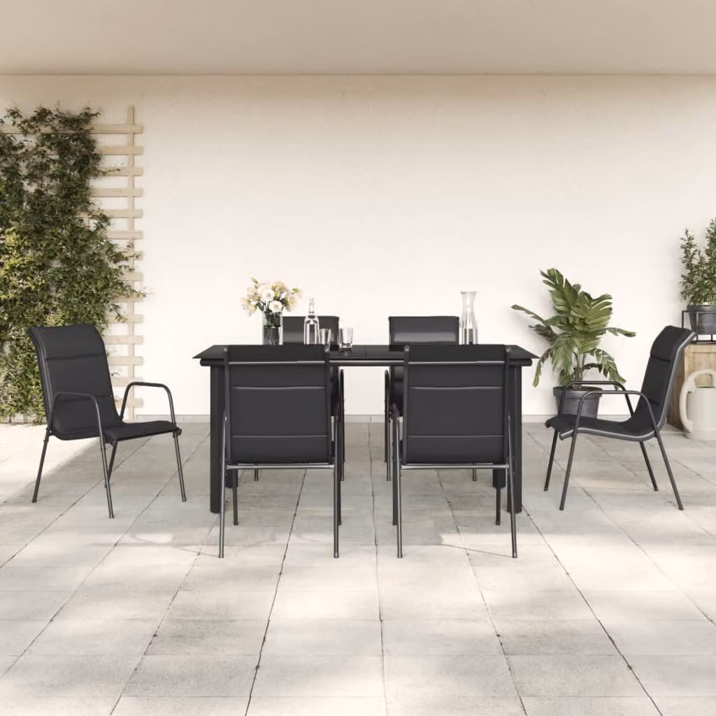 Set da pranzo da giardino vidaXL in 7 pezzi con tavolo rettangolare in vetro e sedie in acciaio verniciato nero e antracite