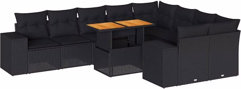 Set Divani Giardino 10pz con Cuscini Nero in Polyrattan Acacia