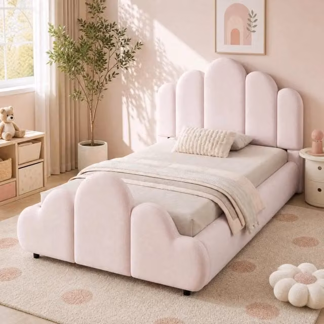 Letto singolo per bambini 90x200 cm in velluto rosa; testiera imbottita e angoli arrotondati