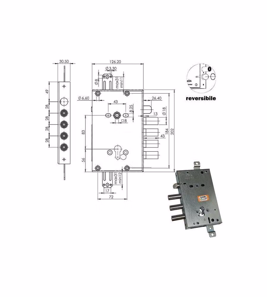 Serratura Sicura Triplice Cilindro  E63 Rci664+10/280 Moia