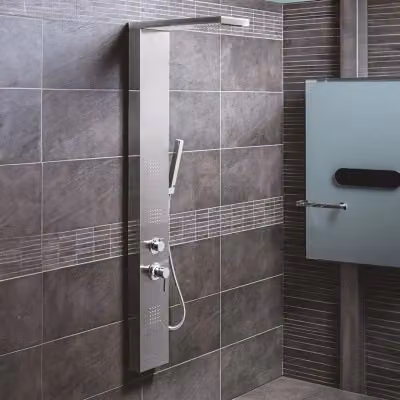 Colonna doccia INBAGNO in acciaio inox spazzolato con soffione rain, funzione massage e doccetta manuale, colore argento, H: 160 cm, L: 48 cm, P: 20 cm – 2