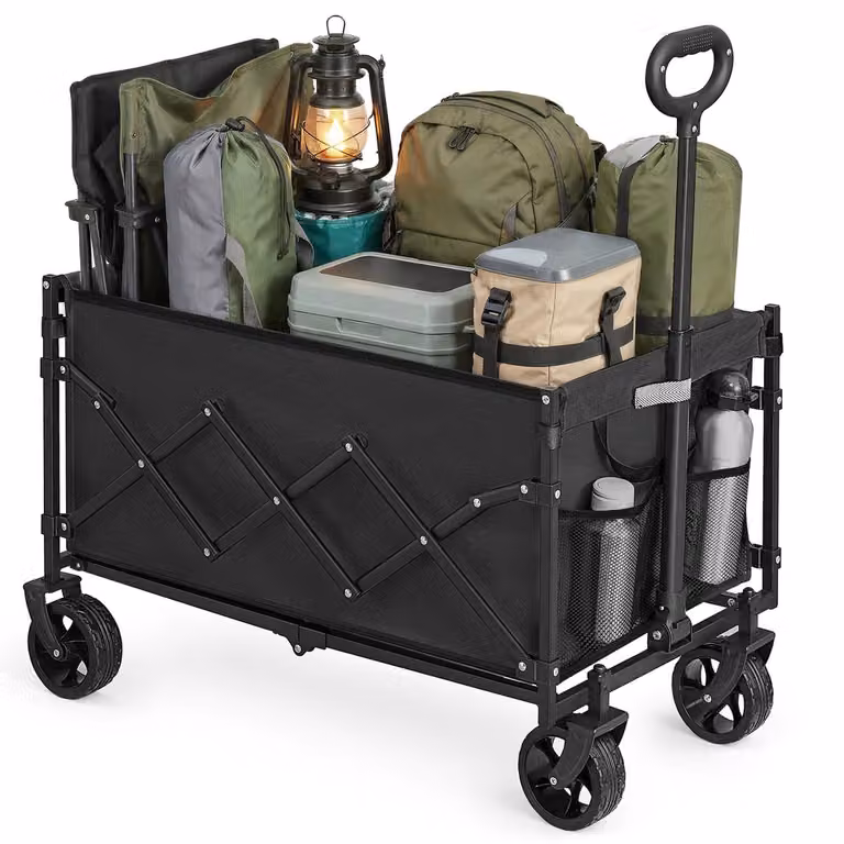Carrello Pieghevole da Giardino con Manico e Ruote Rinforzate, Nero Inchiostro / 150 L