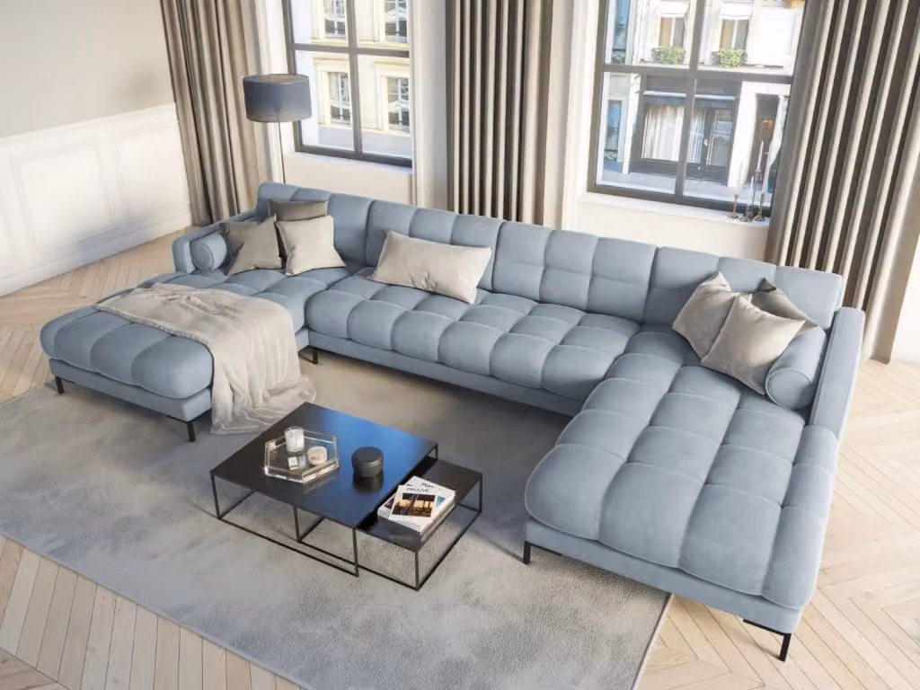 Divano panoramico Bali a 7 posti Cosmopolitan Design in velluto azzurro con struttura in metallo e forma a L L: 383 cm, P: 155 cm, H: 75 cm – 2