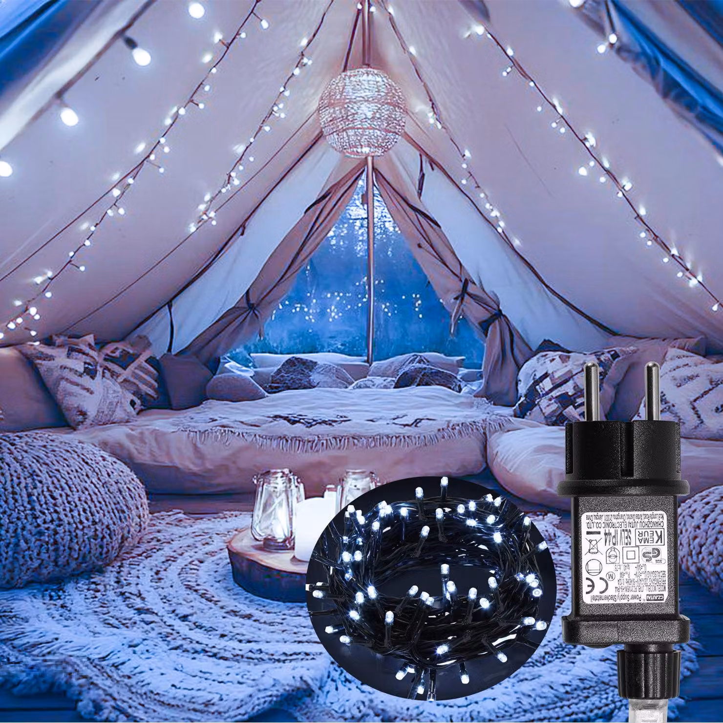Catena luminosa LED Ikodm, 20 metri, 200 LED, luce bianca fredda, 8 modalità di illuminazione, funzione di memoria, cavo di alimentazione da 5 metri, cavo nero, ideale per Natale e feste