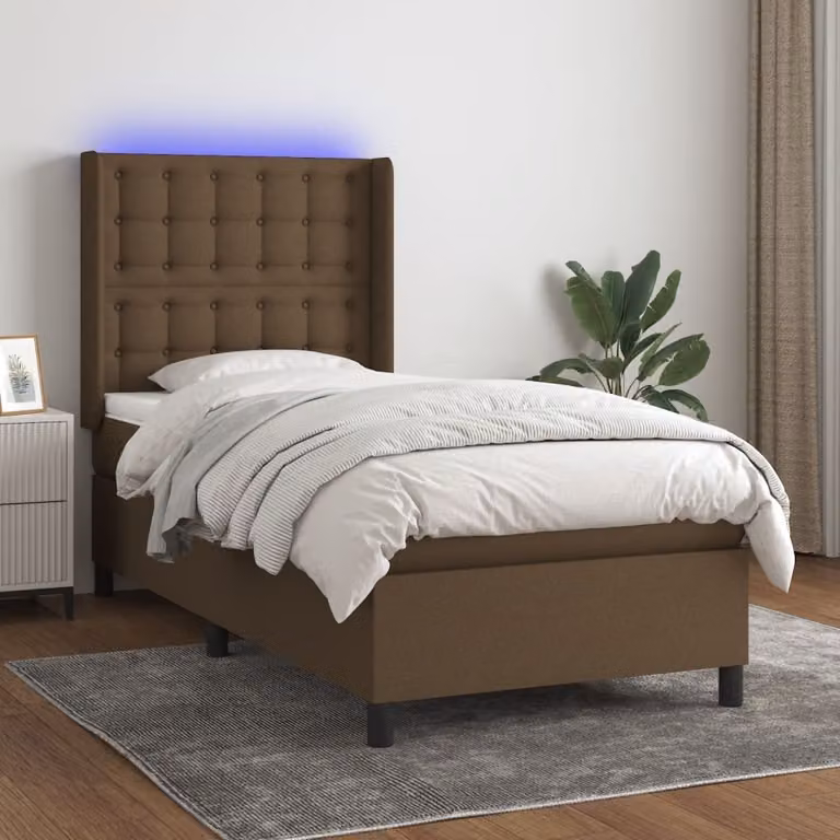 The Living Store Letto a molle con materasso e LED in tessuto marrone scuro 90x200 cm